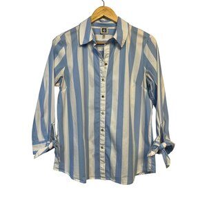 Anne Klein Women's Medium Blue & White Striped Lion Button-Down Shirt Nautical